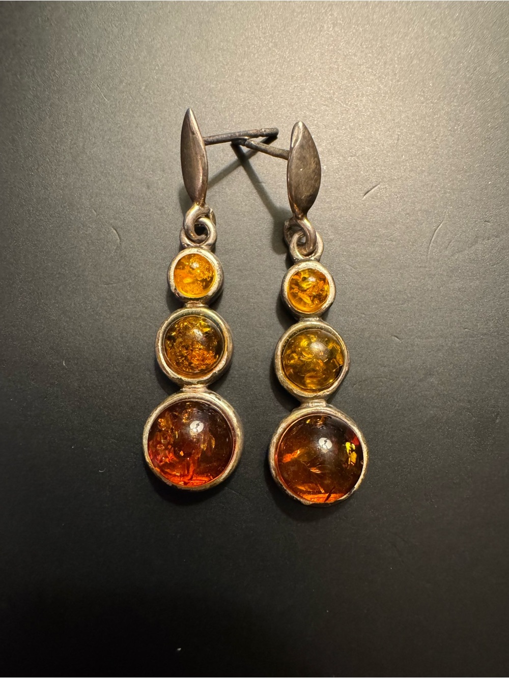 Sterling Silver Honey Cognac Amber Triple Drop Earrings - 1.5”
